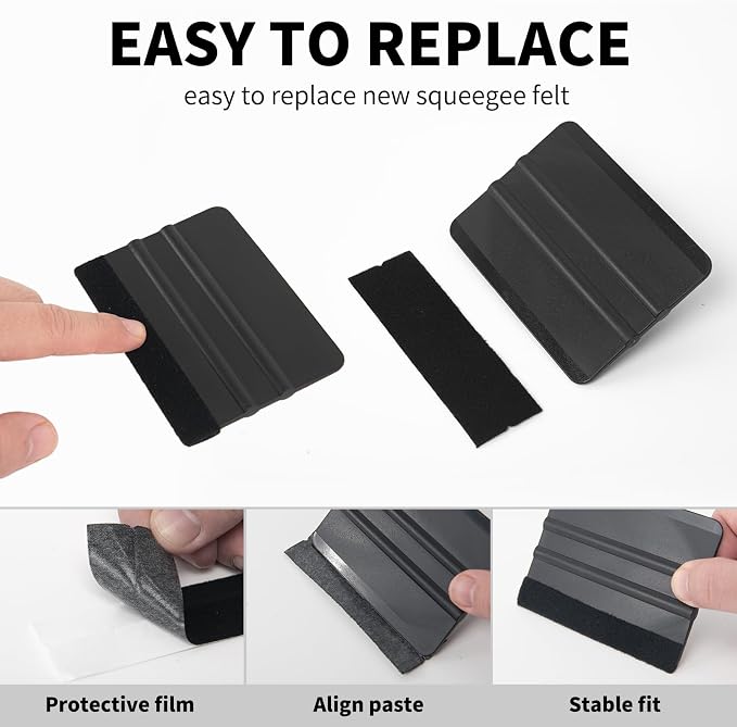 AMZDEPOT Squeegee for Vinyl, 2 Pcs, 4 Inch, Black | Extra 2 Felt Replacements, Car Wrap, Craft Sign Making, DIY Crafting, Window