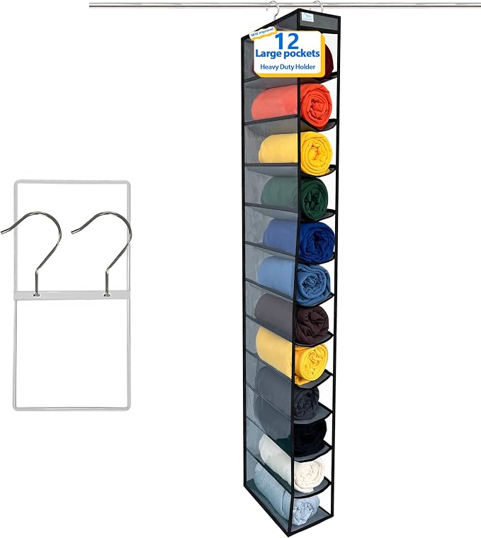 Legging Organizer for Closet Hanging, Legging Storage Bag Can Holds 24 Leggings Jeans or Shirts, Heavy Duty Metal Hooks for Over Door Storage, Wardrobe Clothes Storage