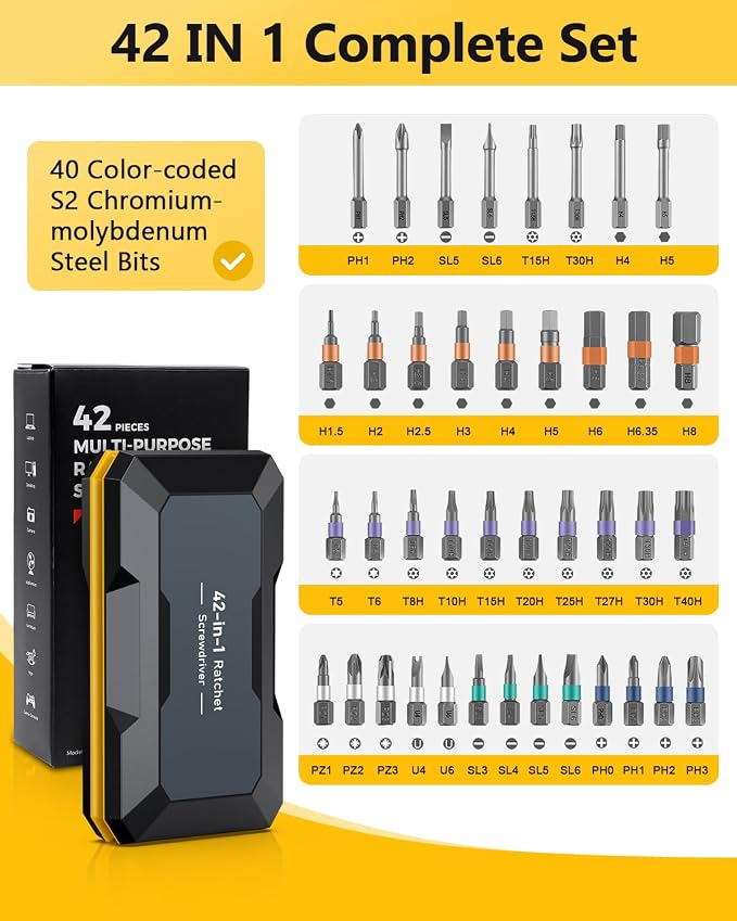 ORIA 42 in 1 Screwdriver Set, Magnetic Screwdriver Set, DIY Repair Tool Kit with Free Assembly T Handle, 40 Precision Bits, Portable Case for Furniture, Bicycle, Computer