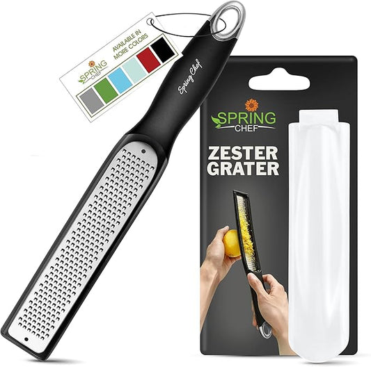 Spring Chef Premium Lemon Zester Grater with Handle - Fruits, Garlic, Chocolate, Nutmeg, Ginger Grater - Heavy Duty Kitchen Tool - Stainless Steel Citrus Zester with Blade Cover - Fine Shred, Black