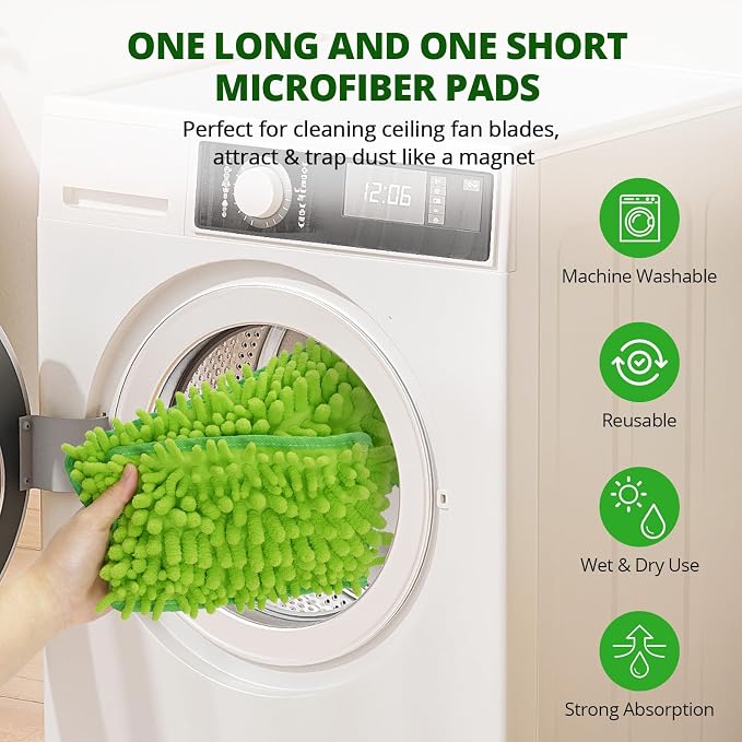 Ceiling Fan Cleaner Cobweb Duster with 6Ft/72'' Extension Pole High Ceiling Fan Blade Cleaning Tool Microfiber Duster Reusable Pads for Cleaning Ceiling Fan, Spider Web, Baseboard, Blind