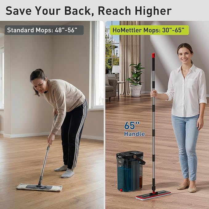 HoMettler Transparent Mop and Bucket Set with Separate Dirty & Clean Water, 65" Flat Mop for Floor Cleaning, 4 Machine Washable Microfiber Pads for Wood Tile-Black