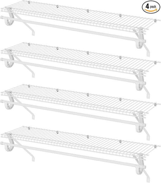 PROWORX Closet Shelves Wall Mounted with Hanging Rod, 4 Pack 4 ft x 12 in White Wire Shelving Kit, Metal Wall Shelf Organizer for Home, Pantry, Laundry Room Storage