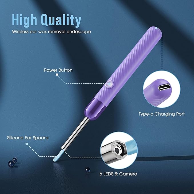 LEIPUT Ear Wax Removal Tool - Ear Cleaner with 1080P Camera - Ear Canal Cleaner - Ear Cleaning Kit with 6 Ear Spoon - Ear Camera for iOS & Android - Purple