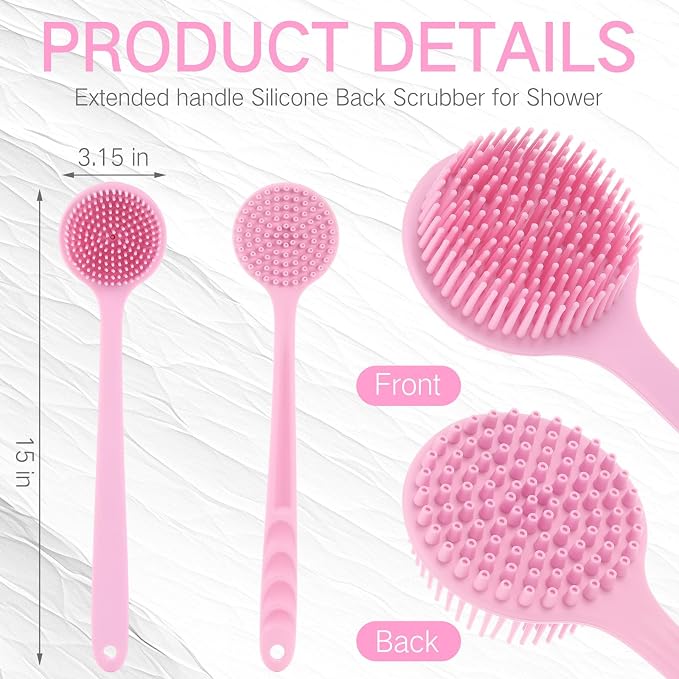Sunnyray 2 Pack Silicone Back Scrubber for Shower with 15" Long Handle Double-Sided Bath Body Brush for Exfoliating Easy to Clean Quick Dry Deep Cleaning Lathers Well(Pink)