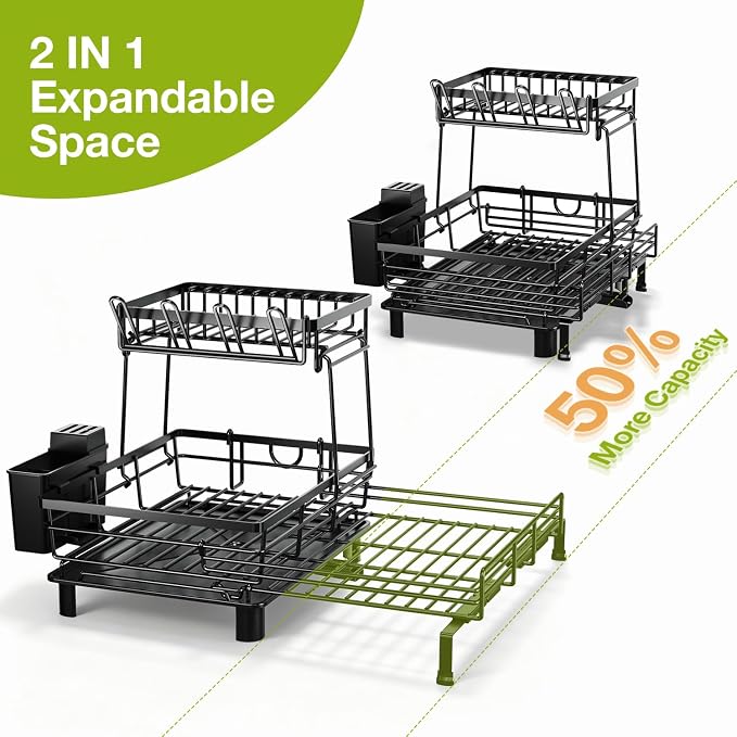 2-Tier Expandable Dish Drying Rack for Kitchen Counter, Black | Large Capacity Dish Rack Organization, Heavy-Duty Carbon Steel, 17 lbs Capacity, Swivel Drain Spout & Cup Hooks