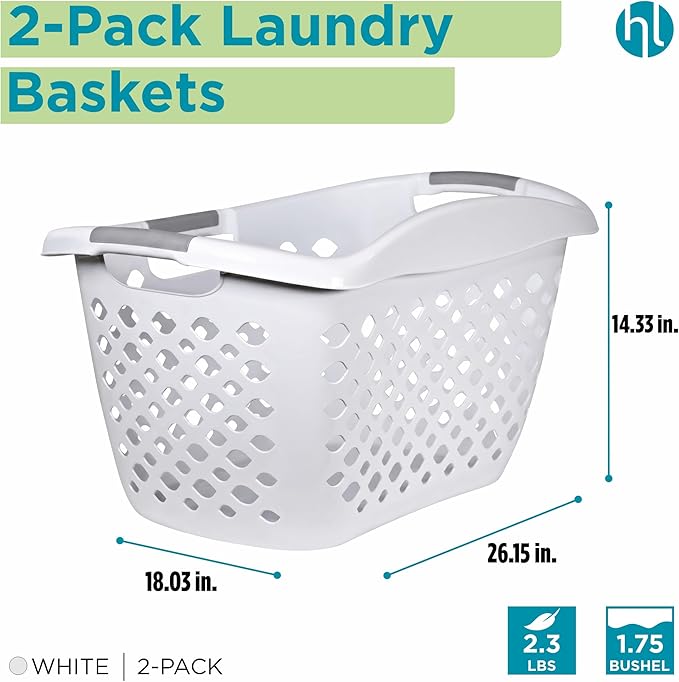 Home Logic 1.75 Bushel Plastic Laundry Basket with Hip Grip, Large Laundry Hamper with Handles, Ventilated Clothes Organizer for Bedroom Bathroom Closet, 2 Pack, White