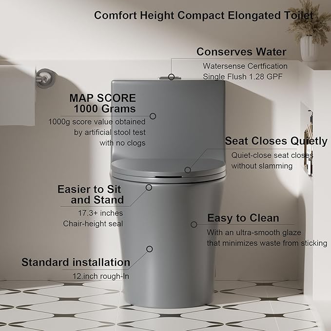 Dual Flush One Piece Toilets for Bathrooms, Compact Gray Toilet Elongated with Soft Closing Seat, Modern 12 Inch Rough in Toilet, 1.6 GPF & Map 1000g, Comfort Height, Silent Design (GREY)