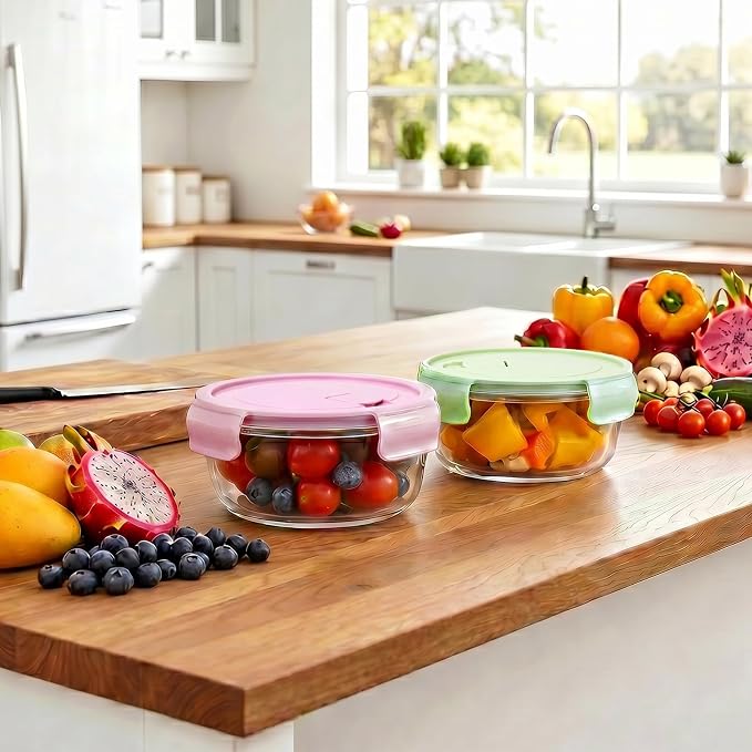 4 PACK 12oz & 22oz Round Glass Meal Prep Containers with Airtight Lids，Container Set,Food bowls for Leftover，Microwave, Dishwasher, Oven，and Freezer Safe