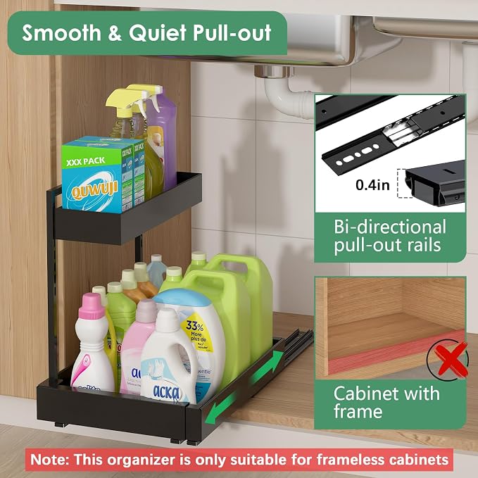 REALINN Under Sink Organizer, L-Shaped Pull Out Cabinet Rack for Kitchen | Expandable Width, 6-Level Height, Quiet Sliding Rails, Heavy-Duty Alloy Steel Frame, Pipe Clearance Design for Tight Cabinets