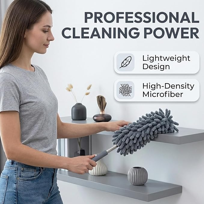 2 Pack Microfiber Duster for Cleaning, Washable Dusters, Extendable Pole, Up to 30 Inch Reachable, Wet and Dry Use Cleaning Tools for Car, Ceiling Fan, Window, Furniture, Office