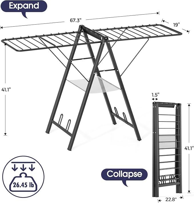 APEXCHASER Clothes Drying Rack, 67.7" L Height Adjustable, Foldable, Black | 1.5"Folded, No Assembly, Space-Saving, Spacious Design, Adjustable Wings, Clips, Mesh Shelf, Shoe Rack, Indoor & Outdoor Use