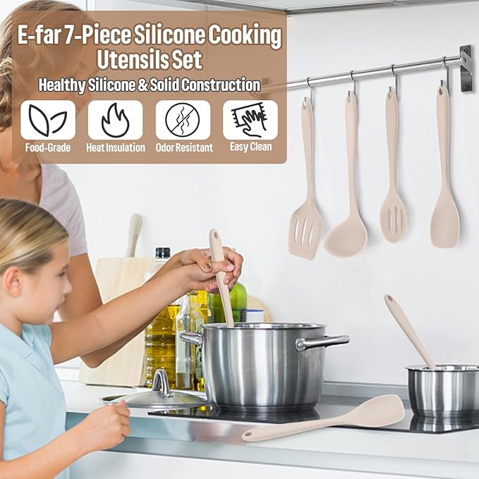 E-far Silicone Cooking Utensils Set, 7-Piece Khaki Heat Resistant Kitchen Utensils Set, Kitchen Nonstick Tools Spatula Ladle Spoon Pasta Server for Non-stick Cookware, Non-Toxic & Dishwasher safe