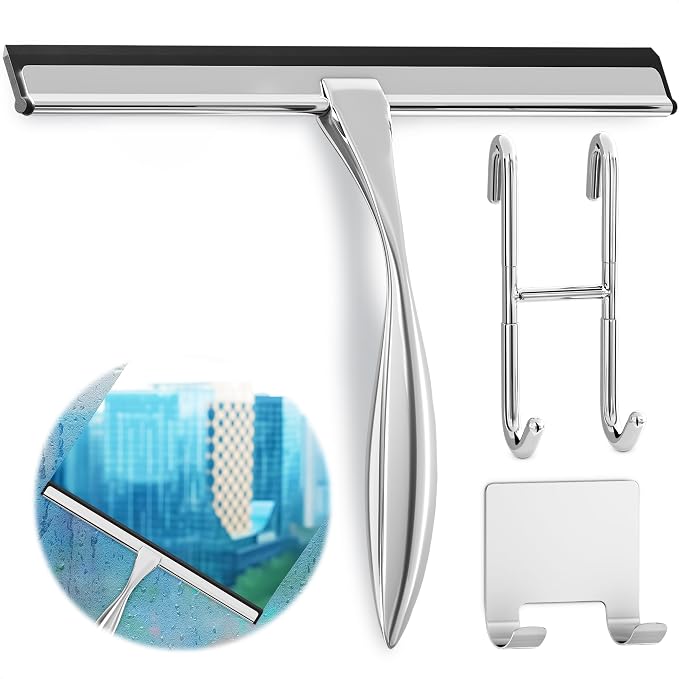 Shower Door Squeegee with Hook - 14" Silicone Blade, Stainless Steel Squeegee for Shower Glass with Adhesive Mount - All-Purpose Bathroom Tile, Mirror, & Window Wiper for Streak-Free Cleaning (Silver)