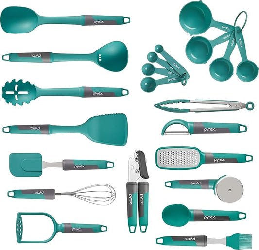 Pyrex 22-Piece Silicone Kitchen Cooking Utensils Set, Non-Stick Silicone Cooking Gadgets, Spatulas, Pizza Wheel, Grater, Measuring, and more