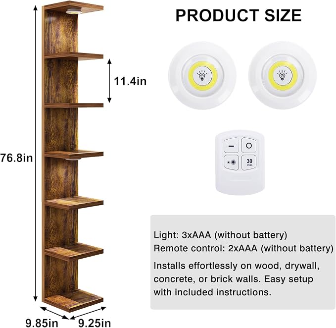 Fixwal 7 Tier Wall Shelf Unit Floating Shelves with LED Lights Lack Wall Shelf for Home Decor Organizer Display Rustic Brown