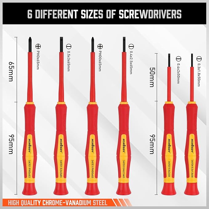 HORUSDY 1000V 6-Piece Mini Insulated Screwdriver Set, Magnetic Tip Mini Electrician Screwdriver Set Slotted(1.8mm,2.0mm2.5mm,3.0mm), Phillips: (PH00, PH0)