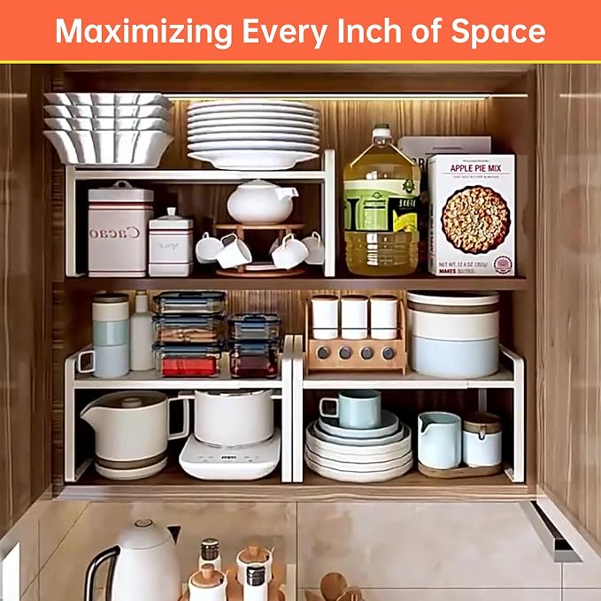 Expandable Cabinet Shelf Organizer for Kitchen 11", White (2 Pack) | Expandable 14-25" Metal Countertop Organizer for Kitchen, , Fits Pantry, Over Sink, Spices, Microwave & Dishes