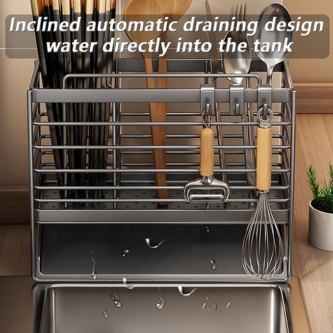 RAKSONIC Utensil Holder, Dish Drainer for Kitchen Counter,3 Compartments Stainless Steel Utensil Drying Rack,Kitchen Utensils Holder with Towel Bar,Self-Draining Tray Design