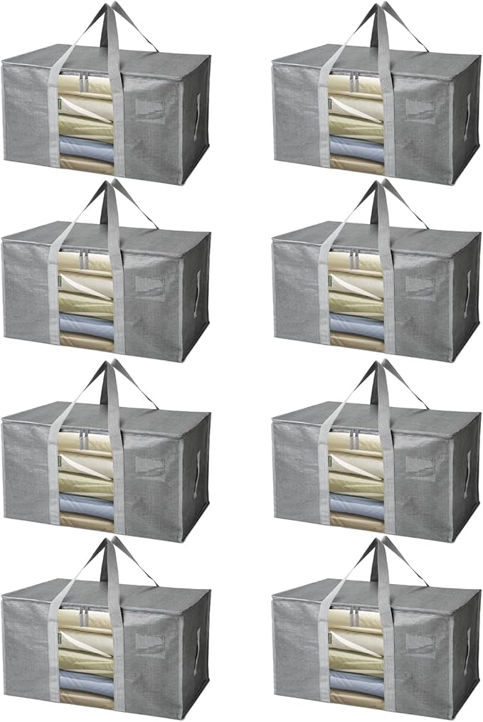 BALEINE 8-Pack Oversized Moving Bags with Reinforced Handles, Heavy-Duty Storage Tote Moving Supplies for Packaging, Camping (Gray w/Window, 8-Pack)