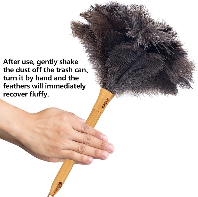 Genuine Ostrich Feather Duster with Wood Handle, 16 inch Gray | Aldwin Fluffy Natural Reusable Duster, Eco-Friendly Handheld Cleaning Duster for Car, Home, Office and Kitchen