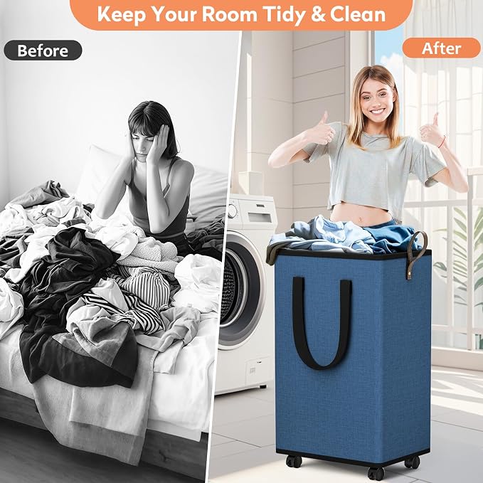 SpaceTrove Rolling Laundry Basket with Wheels, Laundry Hamper, 100L, Navy | Collapsible, 4 detachable wheels including 2 with brakes, sturdy handle, metal frame, for dorms, bathrooms and bedrooms