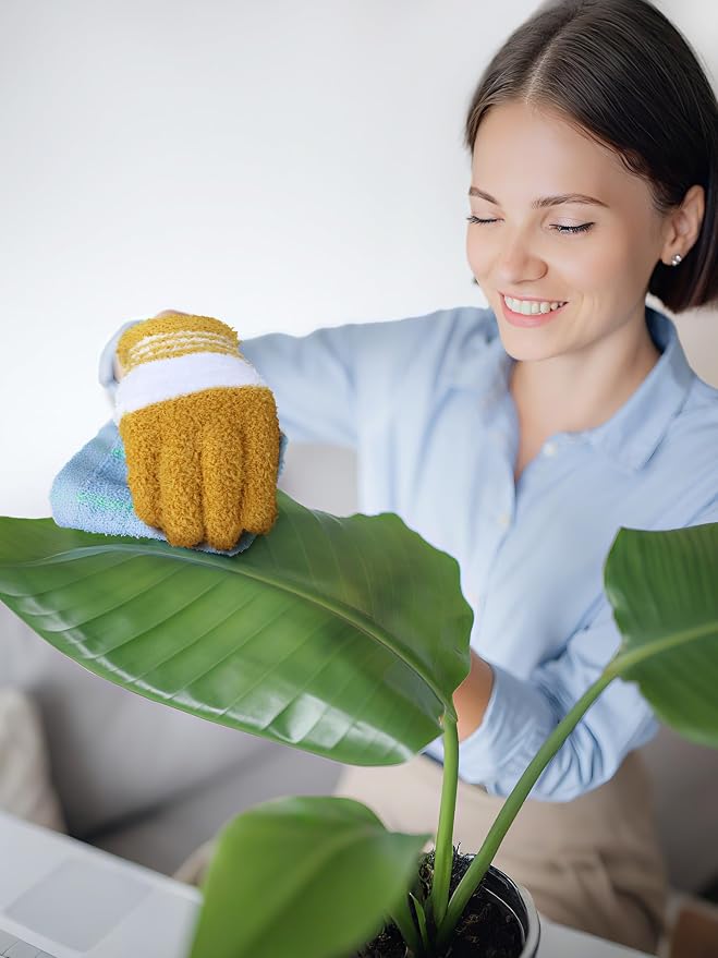 Patelai 3 Pairs Microfiber Plant Dusting Gloves Leaf Cleaning Gloves for Indoor Plants, Blinds, Furniture, House (Dark Blue,Gray,Khaki,White,Small)