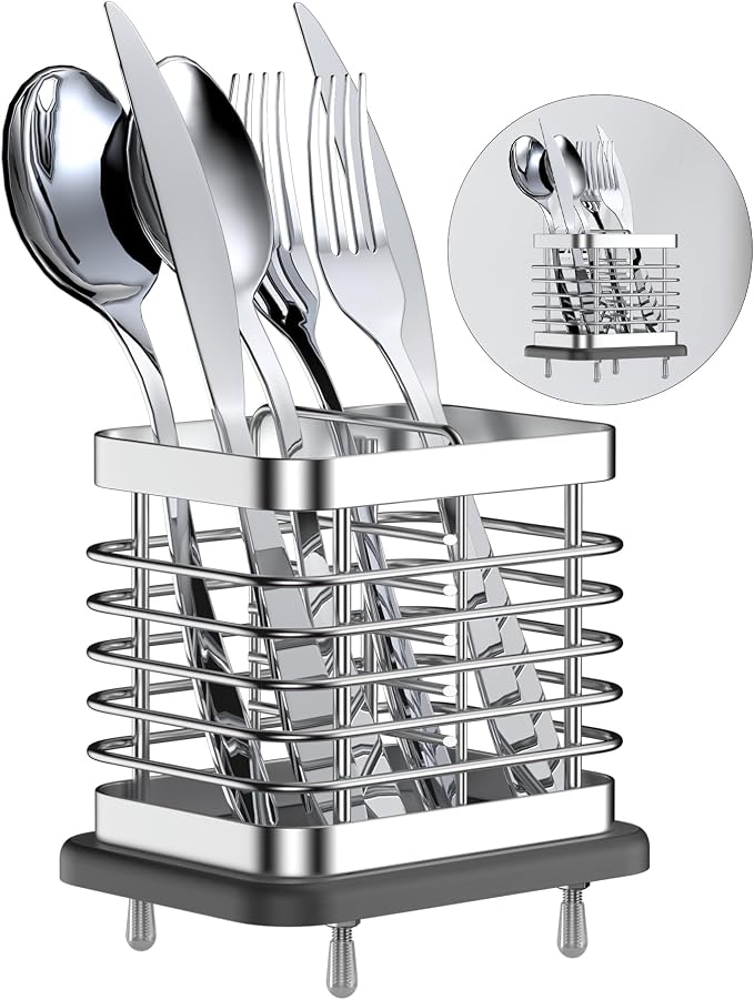 Utensil Holder for Kitchen Counter, Small Stainless Steel Cutlery Holder Organizer with Drying Diatomaceous Earth Base, 2 Slots Utensil Drying Rack Spoon Fork Organizer Crock Storage, Sliver