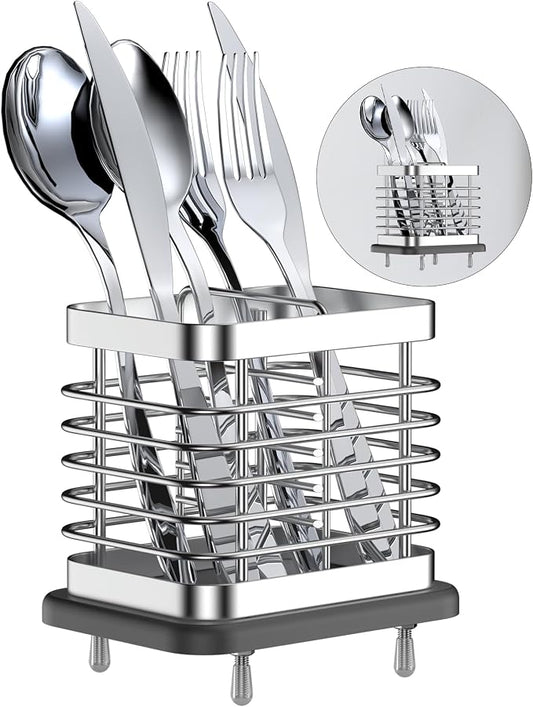 Utensil Holder for Kitchen Counter, Small Stainless Steel Cutlery Holder Organizer with Drying Diatomaceous Earth Base, 2 Slots Utensil Drying Rack Spoon Fork Organizer Crock Storage, Sliver