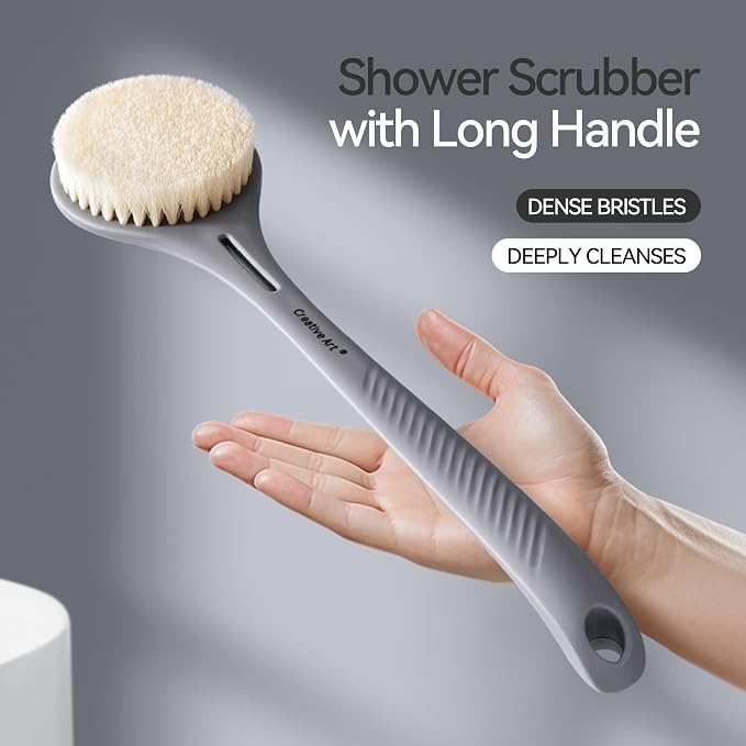 Back Scrubber for Shower for Men Women, Body Brush with Long Handle, Exfoliating Bath Washer with Soft Bristles, Body Exfoliator for Wet or Dry Brushing, Back Scrub Deep Cleaning, Gray