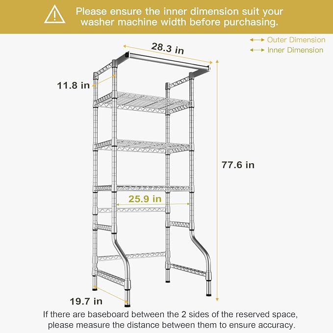 U11 Mini Over Washer and Dryer Shelves, 3 Tiers Laundry Room Storage and Organizer Standing Shelf, Metal Freestanding Clothes Drying Rack, 28.3" W x 19.7" D x 77.6" H, Chrome
