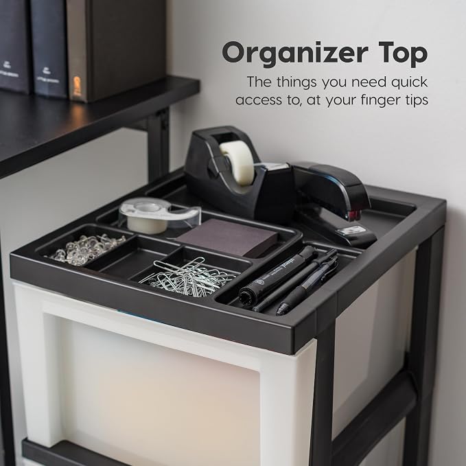 IRIS USA 3-Drawer Rolling Storage Cart, Black/Pearl | Keep craft supplies, office essentials, classroom items, and accessories organized with easy-access drawers for daily use