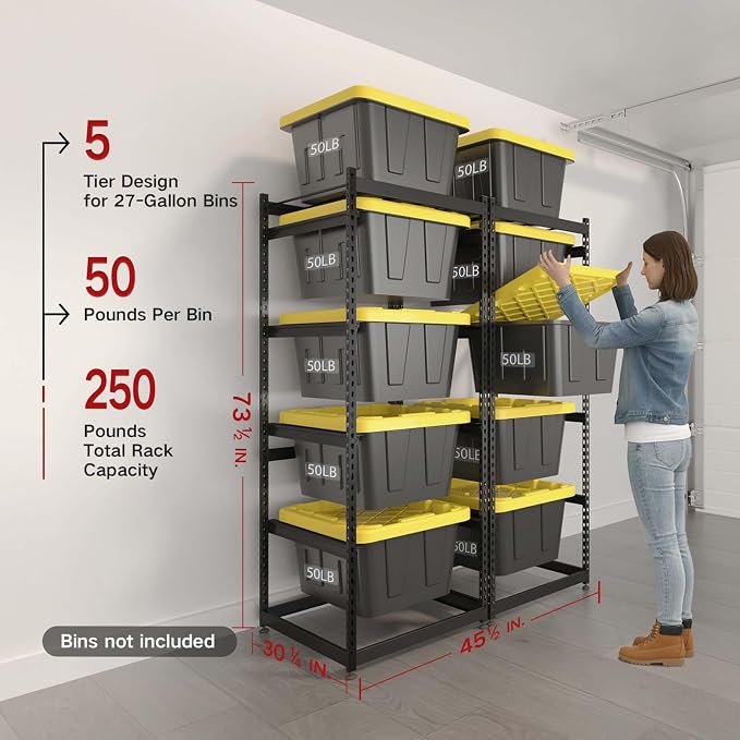 27 Gallon Tote Storage Rack, Heavy-Duty Storage Bin Rack Organizer, 5-Tier Standing Storage Bin Shelves, 250 lb Capacity, Maximize Space for Garage, Warehouse, Utility, 2 Pack (Totes Not Included)