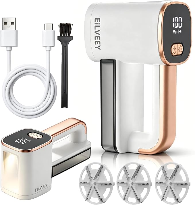Eilveey Fabric Shaver Rechargeable Lint Remover with 3 Extra Blades & Light | Electric Lint Shaver 3 Speed Adjust, 9000 RPM Sweater Defuzzer, Pilling Remover for Clothes Furniture Couch Upholstery