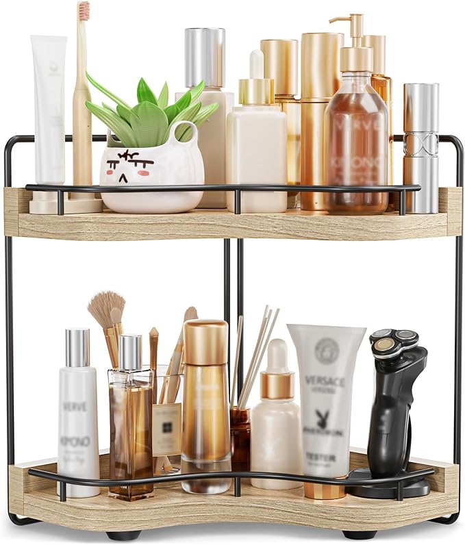 2-Tier Corner Bathroom Counter Organizer, Larger Size | Embedded Screw Holes, Sturdy & Stable, Holds More Bottles, Vanity shelf for Makeup & Skincare, Light Walnut
