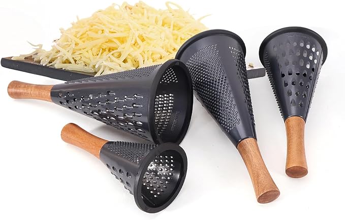 Cone Cheese Grater with Handle Stainless Steel Grater Triple Function Wood Handle Shredder Non-Slip Rubber Bottom Hand Held Multifunction Vegetables Grater Black 4-Size (Size L: 10.6" X 4.7" Black)