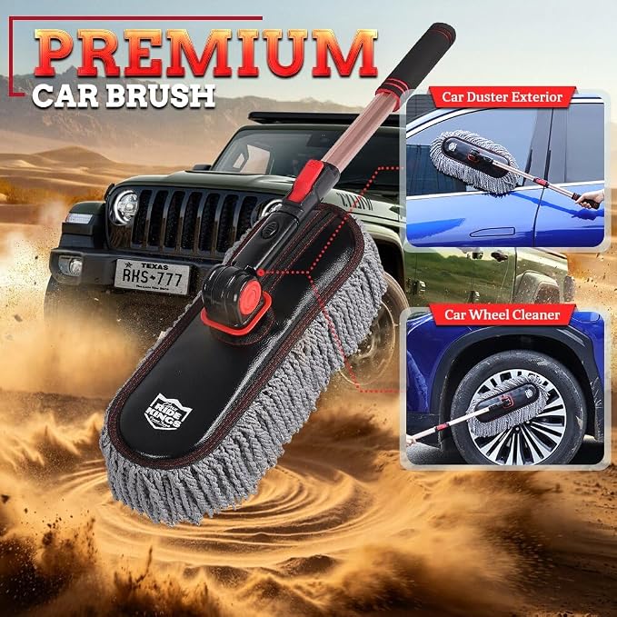 Extendable Exterior Car Duster - Washable Microfiber | Lightweight sweeper for fast dirt removal. Reusable & easy to clean. Storage bag included. Fits auto, RV, truck, motorcycle.