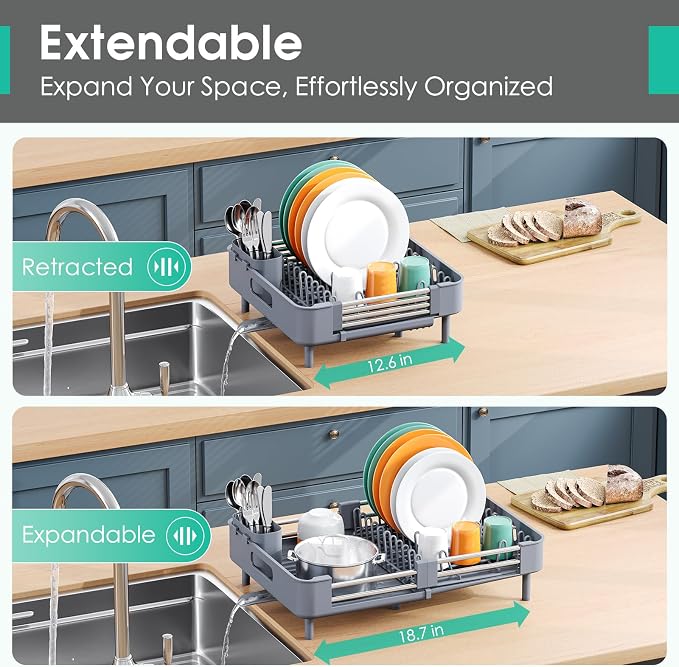 TOOLF Dish Drying Rack, Expandable Dish Rack for Kitchen Counter, Anti-Rust Dish Drainer, Sink Organization and Storage Essentials with Cutlery & Cup Holder, Gray
