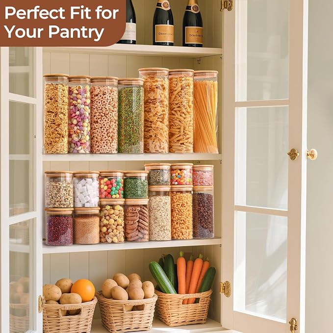 ComSaf Pasta Containers Storage 2 Qt, Spaghetti Container, 3 Pack Glass Jar | 11.3-inch Tall Glass Jar, BPA Free, Glass Storage Containers wtih Lids, Noodles, Cereal, Dry Food Storage, 70oz Pasta Holder