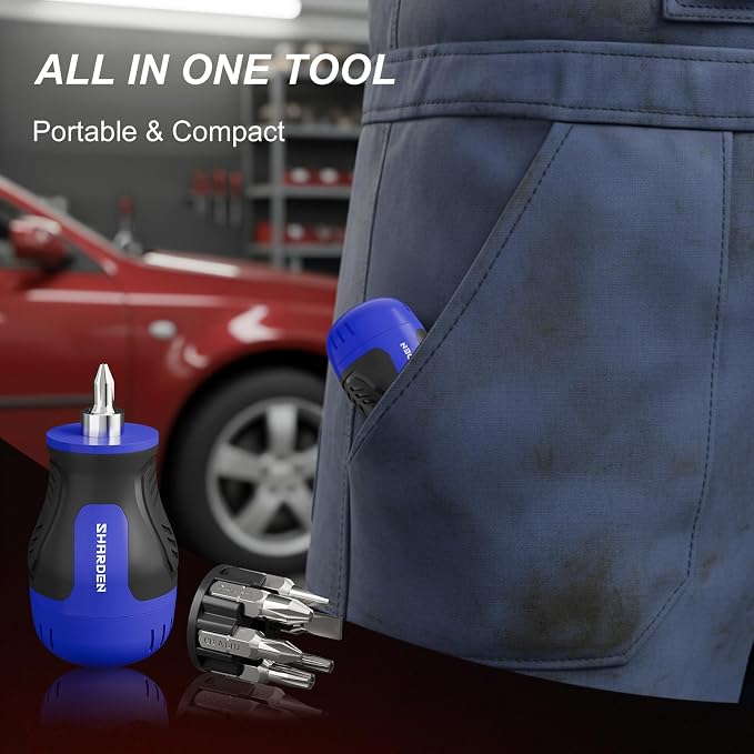 8 in 1 Multi-bit Stubby Screwdriver, Small Short Screw Driver Tool | 6 CRV Bits Phillips, Slotted, Torx, Magnetic Tip Portable All in One Repair Tool Kit for Home DIY Tables, Doors, Chairs