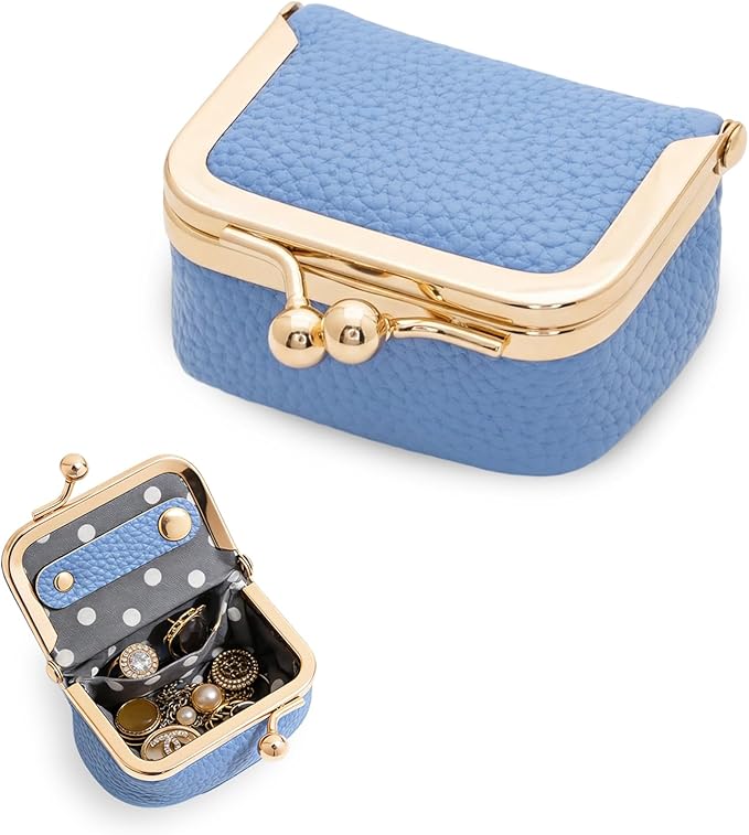 Genuine Leather Mini Jewelry Box Portable Vintage-Inspired Leather Small Coin Purse Jewelry Organizer Case Mini Travel Ring Box with Kiss Lock for Women Earring Ring Necklace