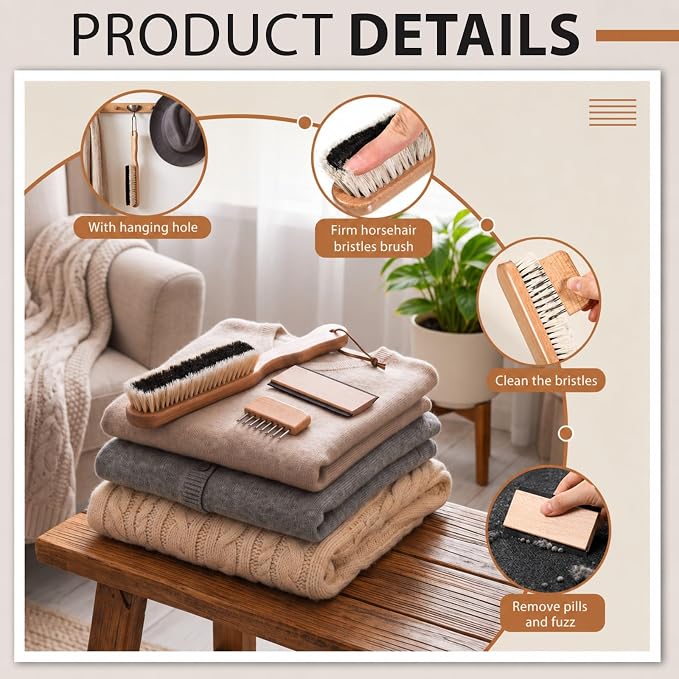 3 Pcs Clothes Brush Set Includes Garment Brush, Cleaning Comb and Lint Remover, Clothes Brushes Comb for Suit Coat Sweaters Suit and Silk, Black & White Horsehair Bristle