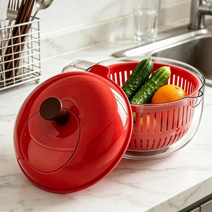 Salad Spinner, Hand Cranked Fruit Washing Spinner with Handle, Multifunctional Fruit and Vegetable Washing Bowl with Drain Basket, Reusable Salad Dehydrator Drainer for Home Kitchen