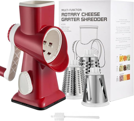 Cheese Grater Hand Crank Rotary Vegetables Shredder with Handle | 3-in-1 Graters, Interchangeable Blades, Non-slip Base, Multifunctional Slicer