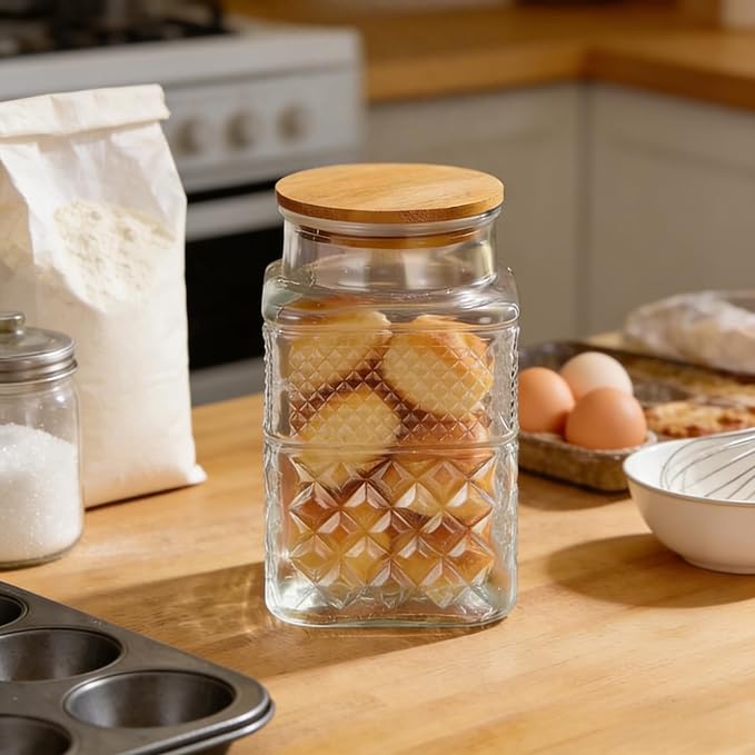 Prettidecor 60 FL OZ Large Glass Storage Jar with Bamboo Lid 2 Pack | Kitchen Laundry Room Organization Jar for Cookies Coffee Flour Sugar Laundry Pods Detergent Airtight Glass Jars