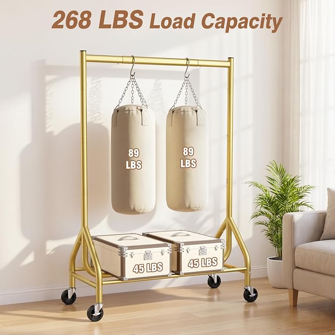 EAGMAK Heavy Duty Clothes Rack Load 268 LBS, 31.5 inch Hanging Rod, Gold | Metal Frame, Stable Base, Compact Size, Rolling Smooth, For Bedroom Closet Entryway Laundry Living Room Home Garage Storage