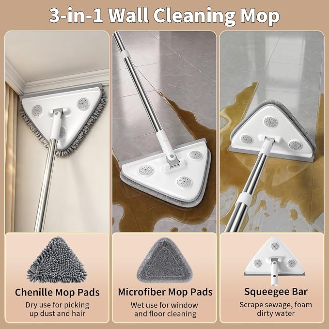 Long Handle Wall Mop & Baseboard Cleaner, 3-in-1 Wall Cleaner Mop with Extension Pole & Squeegee, Ceiling Cleaning Tool Duster with 3 Microfiber and 3 Chenille Pads for Windows, Floors, Cabinet