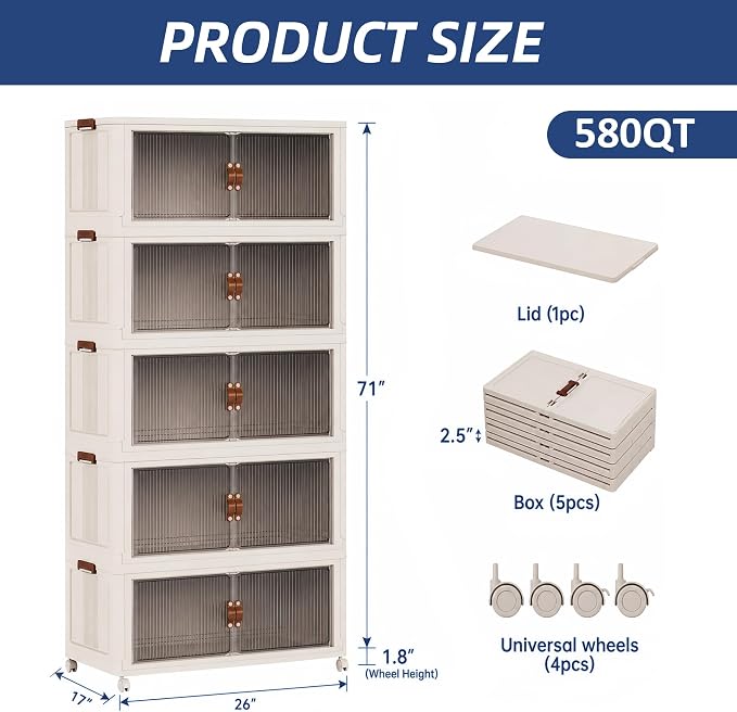 SAILUN 145Gal/580Qt Stackable Storage Bins Folding Collapsible Storage Bins with a Lid, Closet Organizers and Storage,Blush White 26" W x 17" D x 71" H