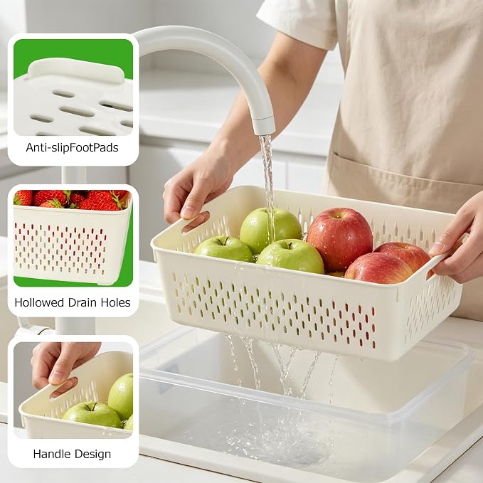 KUK 5 Pack Fruit Storage Containers for Fridge, Leakproof Food Containers with Removable Colander, Berry Containers for Fridge BPA Free Produce Saver Keep Vegetables Berry Meat Fresh Longer (5)