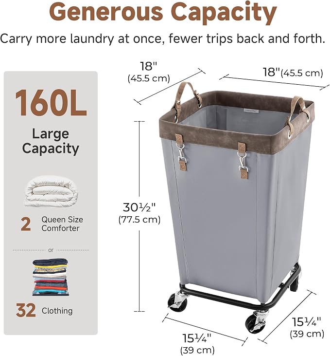 StorageWorks 160L Laundry Basket with Wheels, Rolling Hampers for Clothing